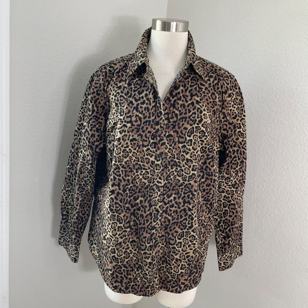 Chaps Classics Womens Plus 1X Leopard Animal Print Button Up‎ Shirt Long Sleeve